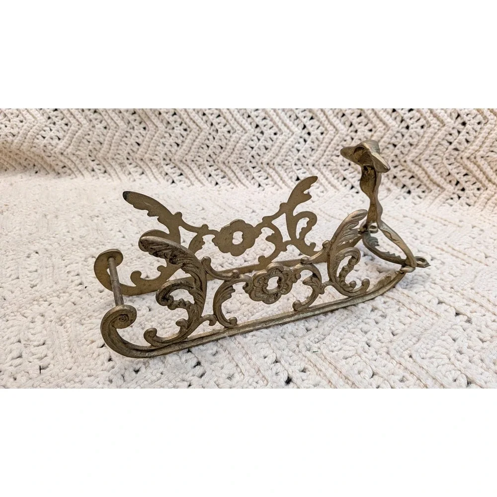 Vintage Brass Art Nouveau Wine Bottle Cradle Holder Lady Figure Floral Decor